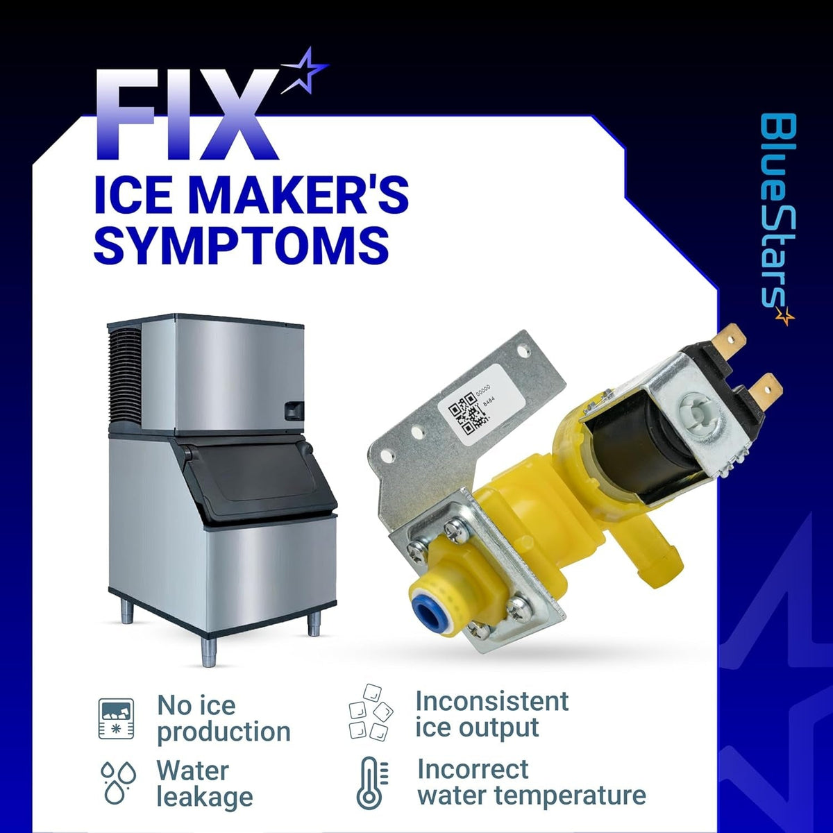 Water inlet valve for Manitowoc ice machines shown with symptoms of ice maker failure.