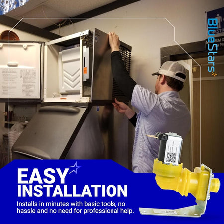 Technician installing a water inlet valve on a Manitowoc ice machine with easy installation graphic.