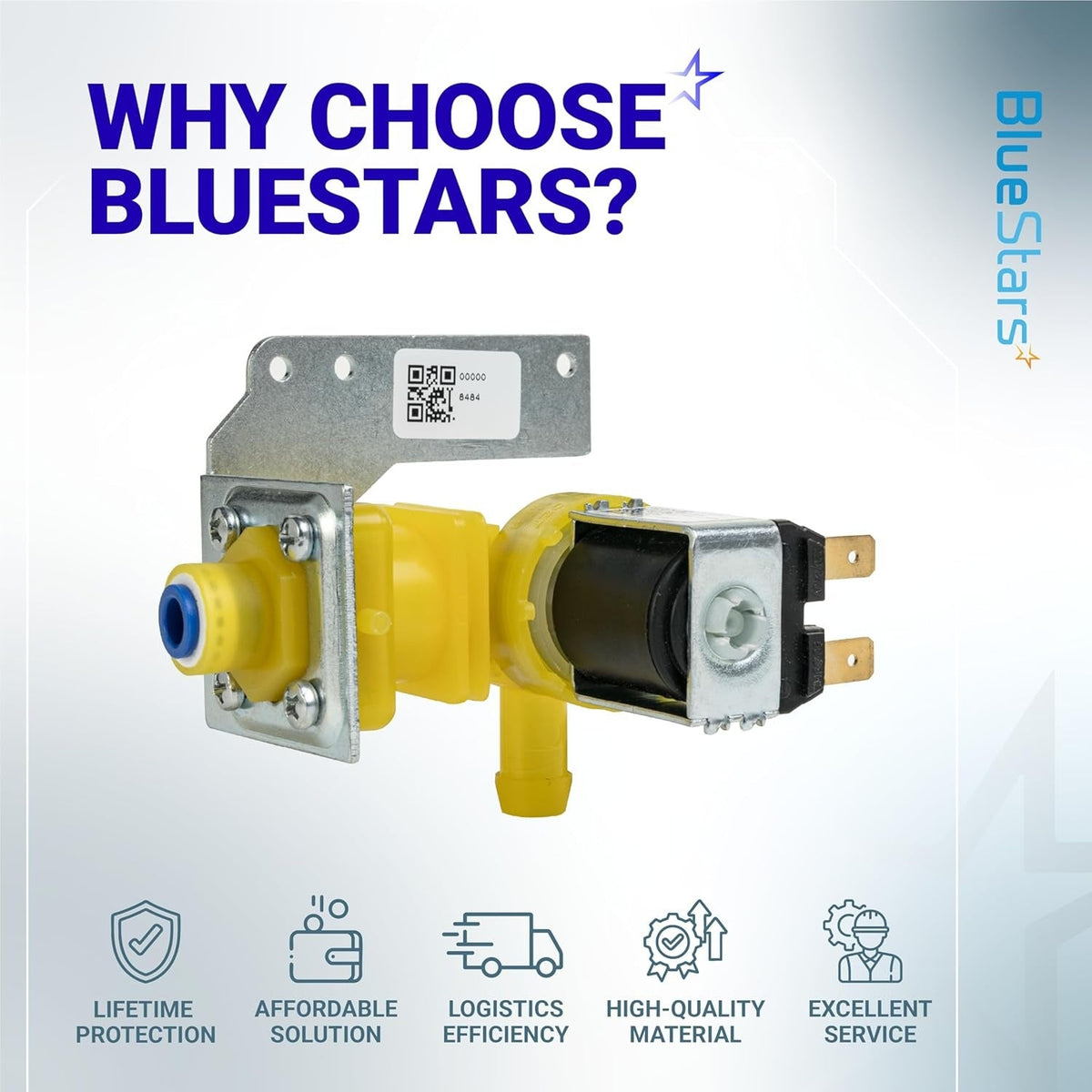 Water inlet valve for Manitowoc ice machines with yellow housing and mounting bracket.