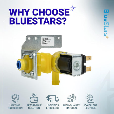 Water inlet valve for Manitowoc ice machines with yellow housing and mounting bracket.