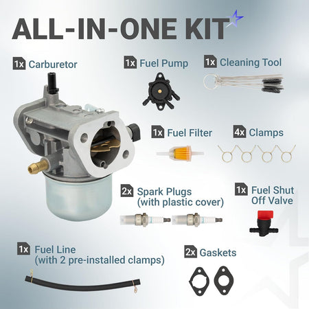 15003-7061 carburetor all-in-one kit with fuel pump, filter, spark plugs, gaskets, clamps, fuel line and tools