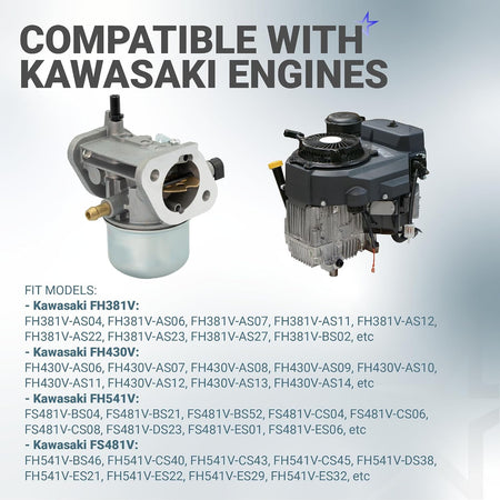 15003-7061 Carburetor shown beside a Kawasaki engine with compatible FH381V, FH430V, FH541V and FS481V models listed
