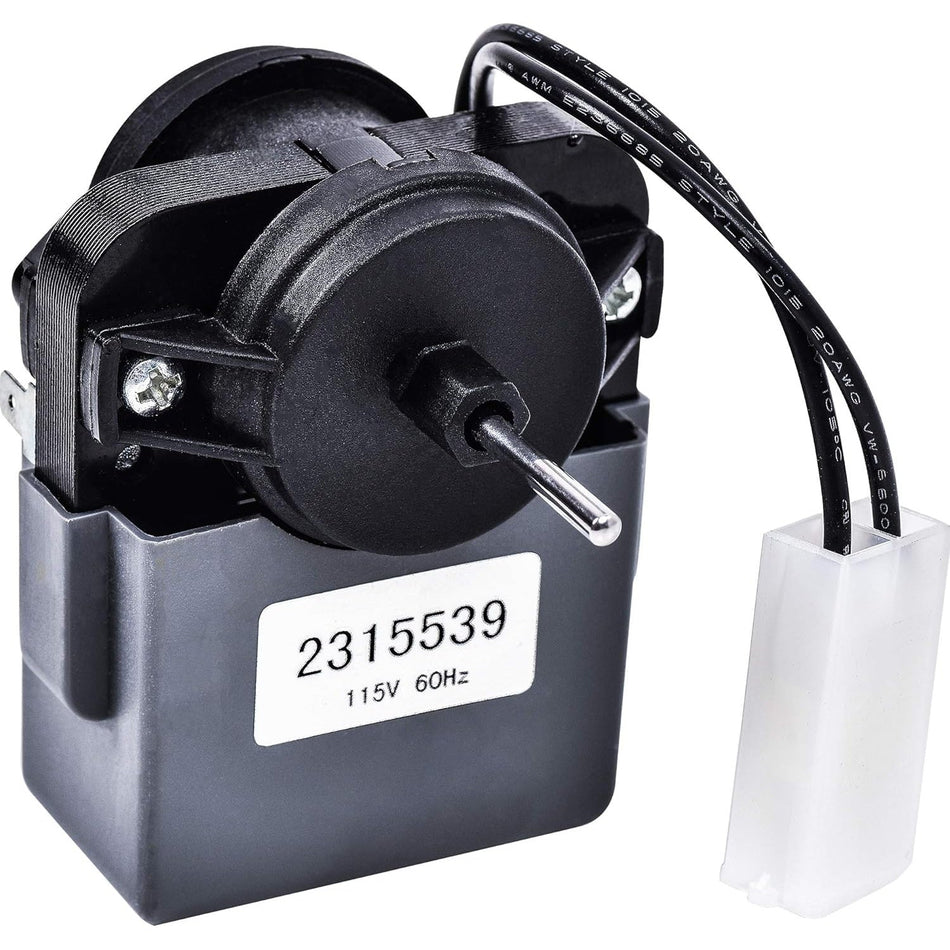 2315539 refrigerator evaporator fan motor with wiring harness and connector for Whirlpool and Kenmore refrigerators.