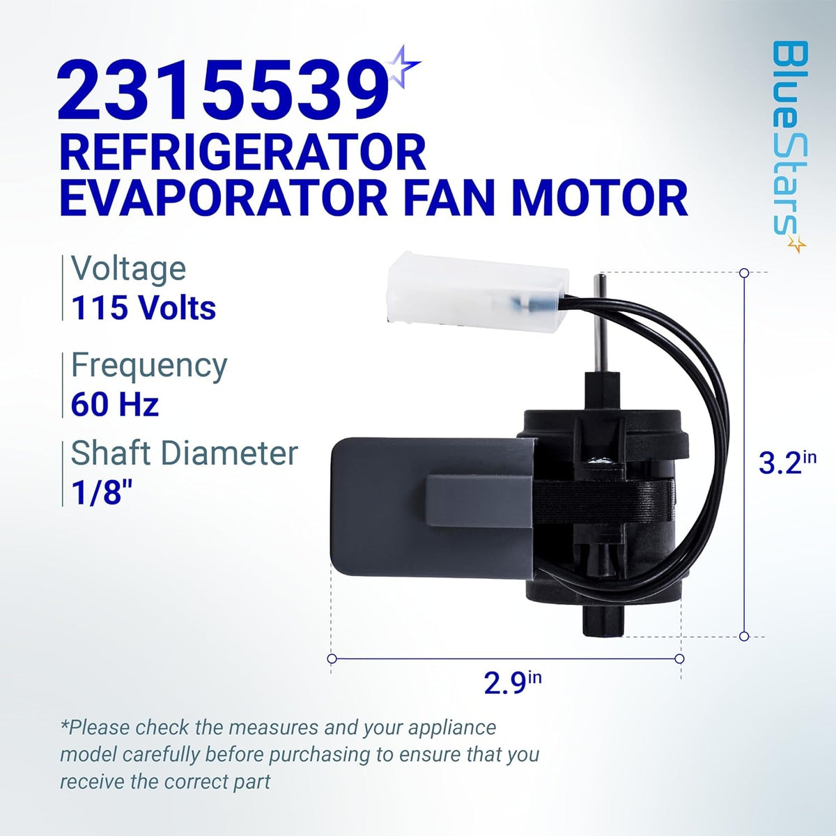 2315539 refrigerator evaporator fan motor with technical specifications and dimensions diagram.