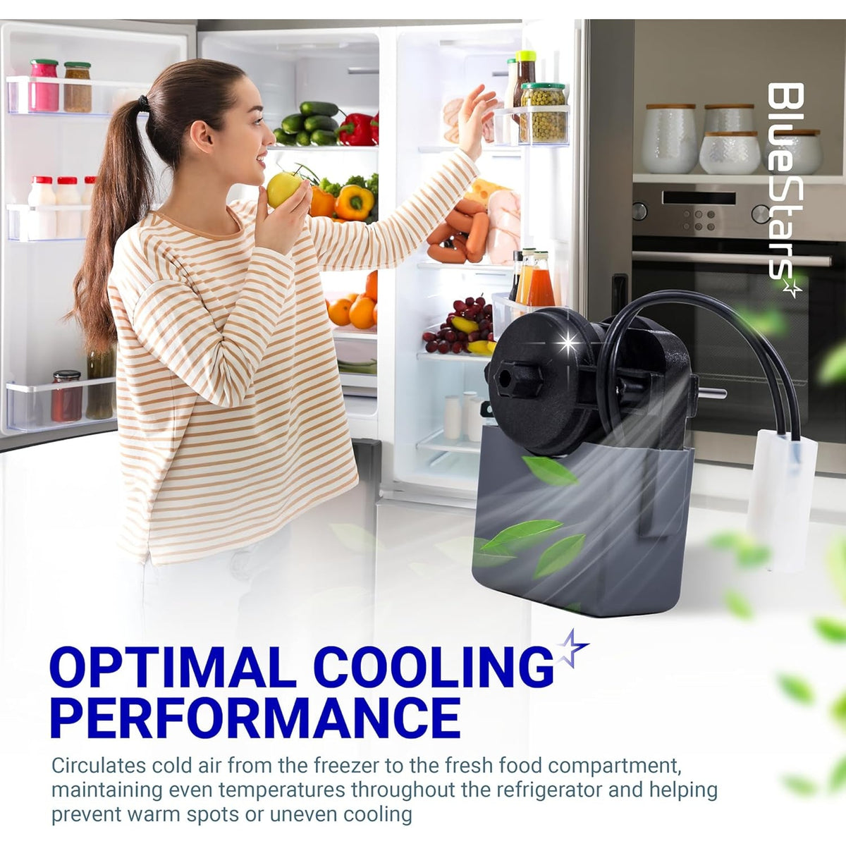 2315539 refrigerator evaporator fan motor shown with cooling airflow graphic and woman in kitchen background.