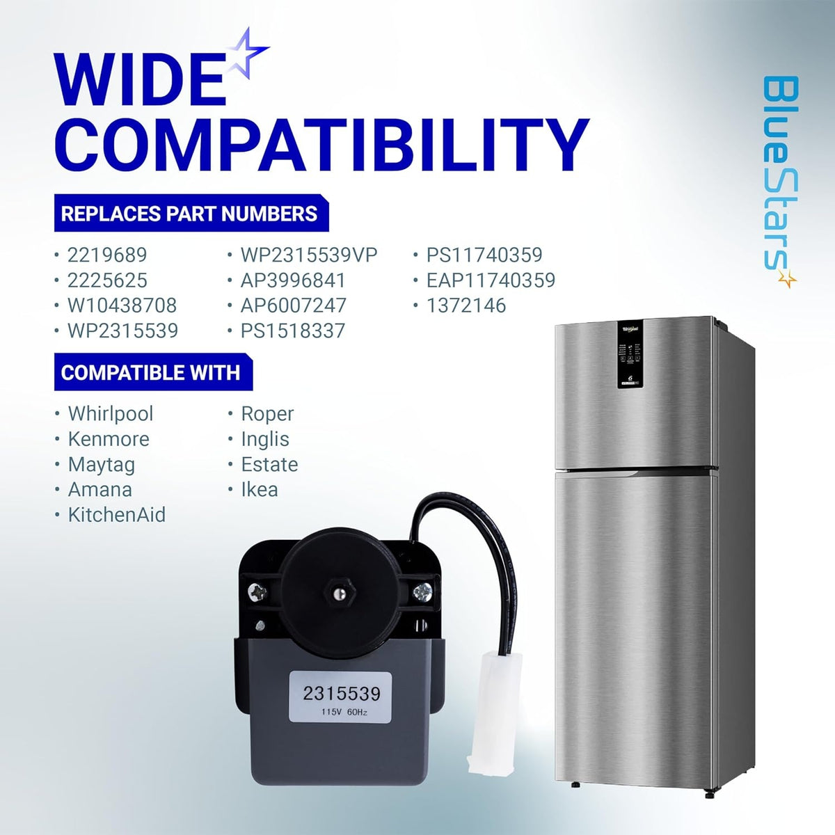 2315539 refrigerator evaporator fan motor with compatibility list and replacement part numbers for Whirlpool refrigerators.