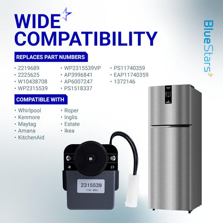 2315539 refrigerator evaporator fan motor with compatibility list and replacement part numbers for Whirlpool refrigerators.