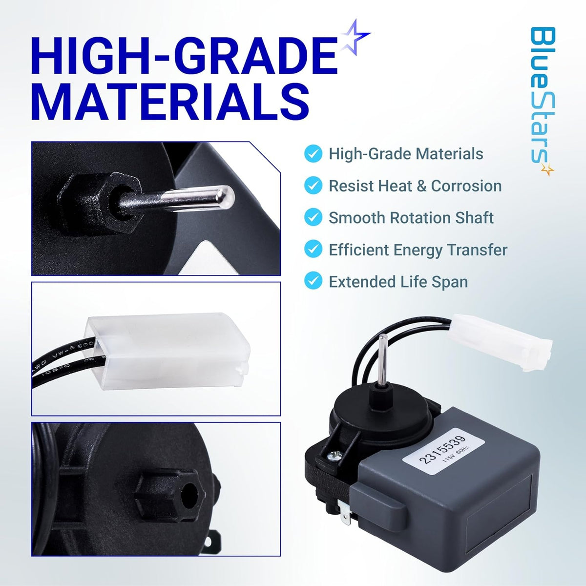 Infographic showing 2315539 refrigerator evaporator fan motor features, shaft, and electrical connector details.