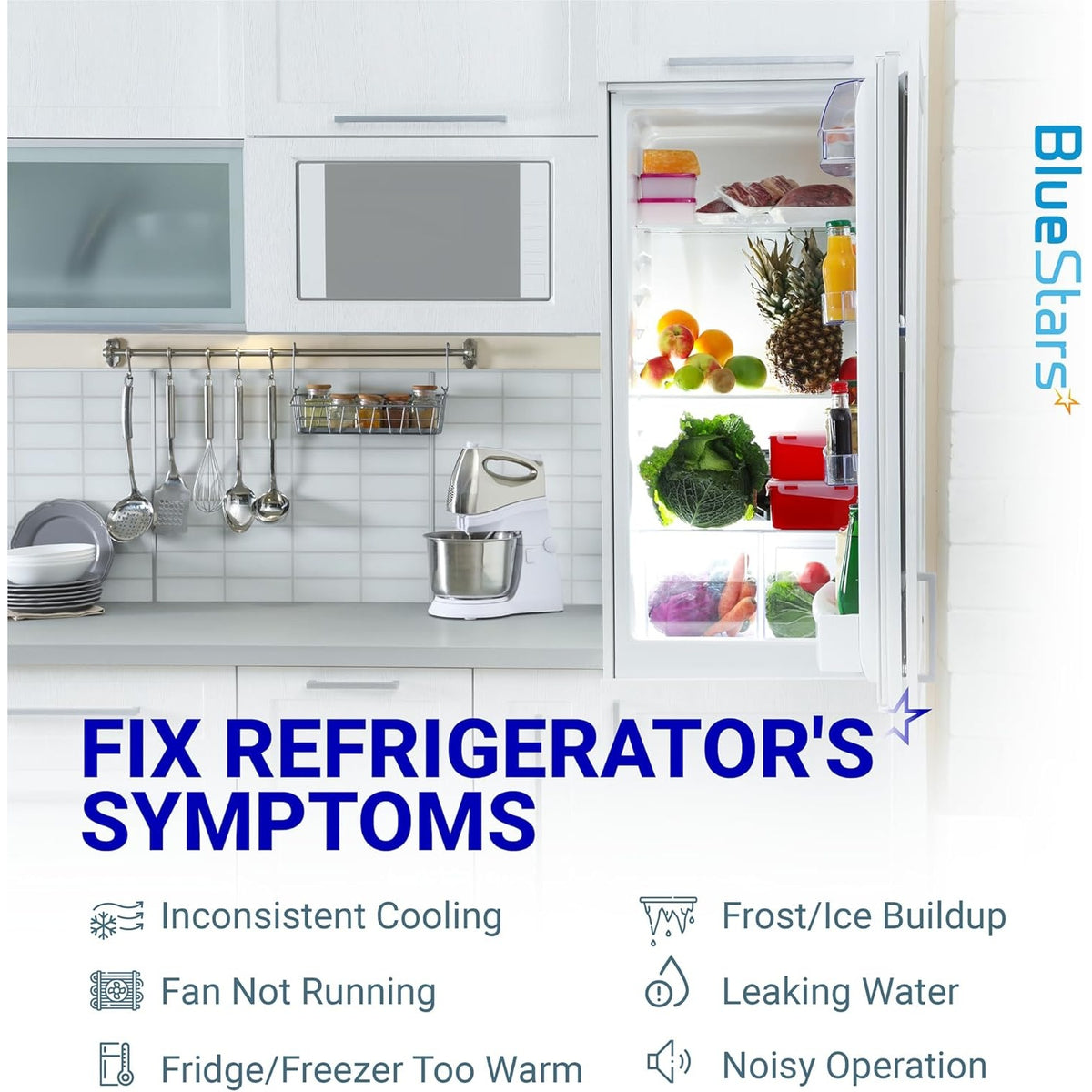 Infographic showing refrigerator symptoms like inconsistent cooling and noisy operation for 2315539 evaporator fan motor.