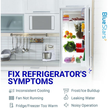 Infographic showing refrigerator symptoms like inconsistent cooling and noisy operation for 2315539 evaporator fan motor.