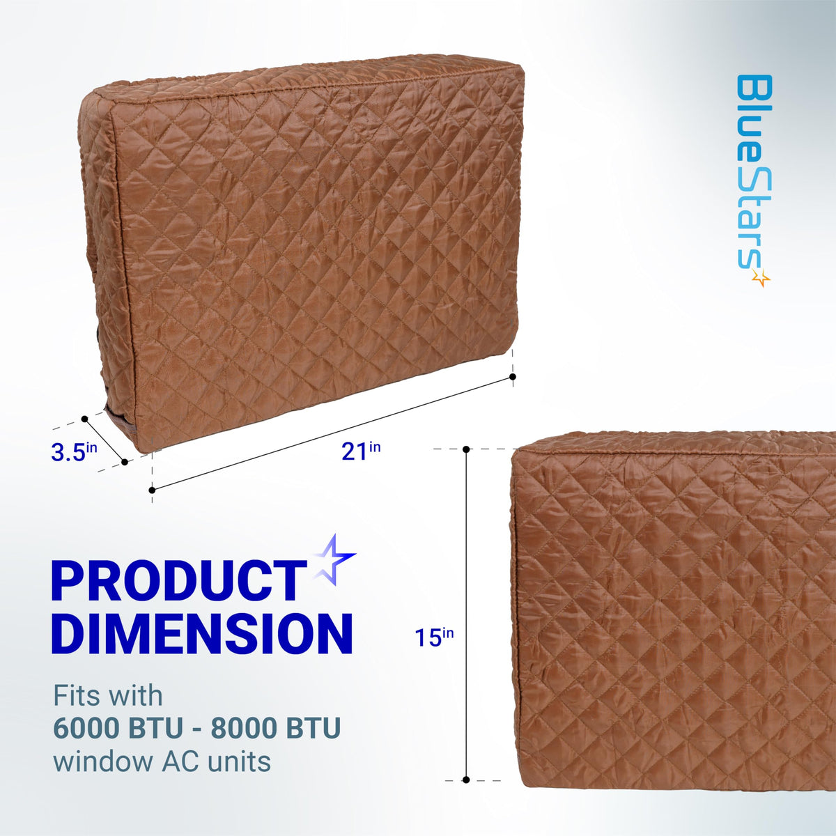 Brown indoor window air conditioner cover showing 21 x 15 x 3.5 inch dimensions and compatibility with 6000-8000 BTU units.