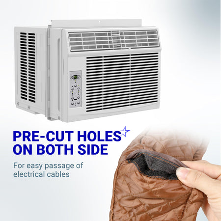 Brown indoor window AC cover showing pre-cut side holes with Velcro for electrical cable passage.