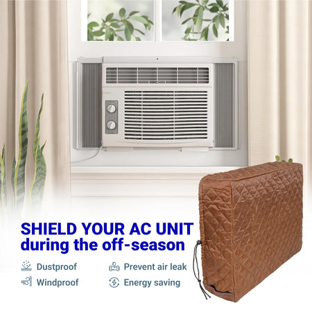 Brown quilted indoor window air conditioner cover for winter insulation shown next to an installed AC unit.