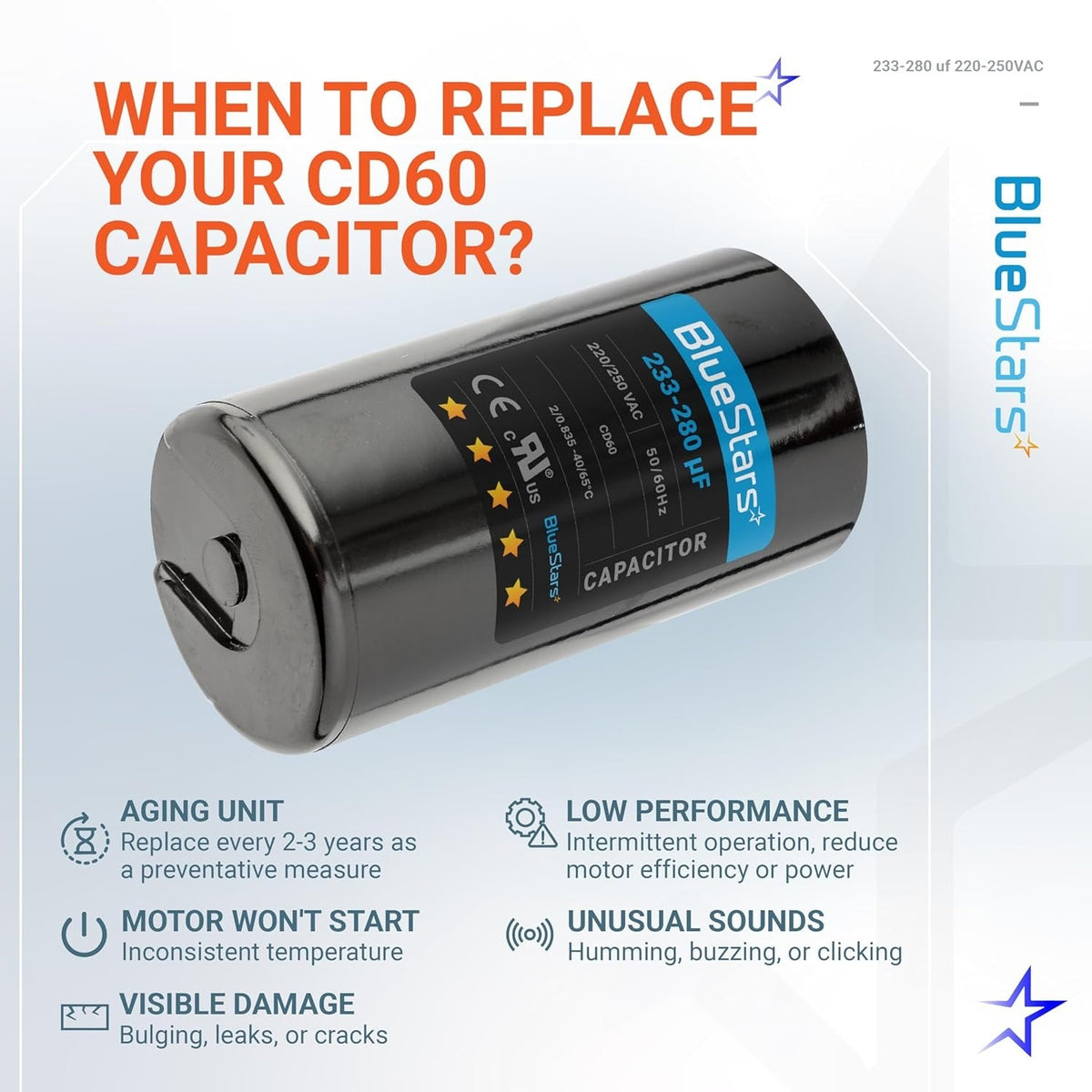 BlueStars 233-280 uF 220-250 VAC round motor start capacitor replacement guide infographic.