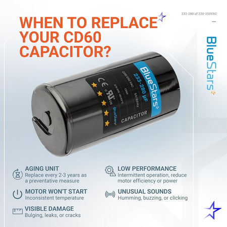 BlueStars 233-280 uF 220-250 VAC round motor start capacitor replacement guide infographic.