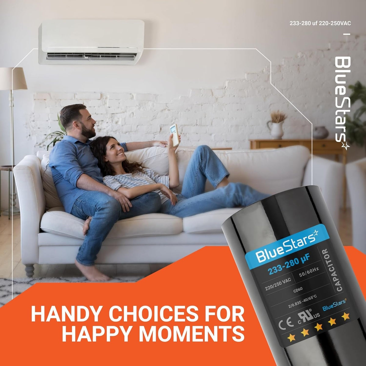 BlueStars 233-280 uF 220-250 VAC round motor start capacitor for AC units shown in a lifestyle setting.