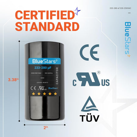 BlueStars 233-280 uF 220-250 VAC round motor start capacitor with dimensions and certification labels.