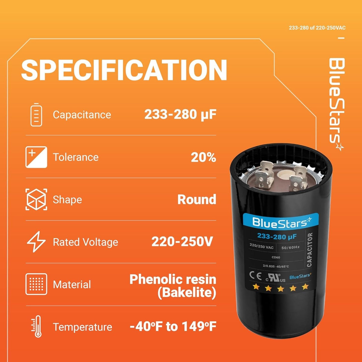 Specification chart for 233-280 uF 220-250 VAC round motor start capacitor with technical details.