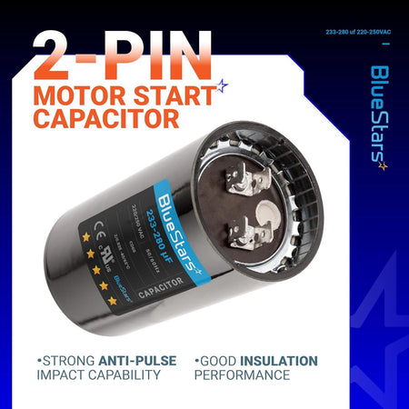 233-280 uF 220-250 VAC 2-pin round motor start capacitor with BlueStars branding label.