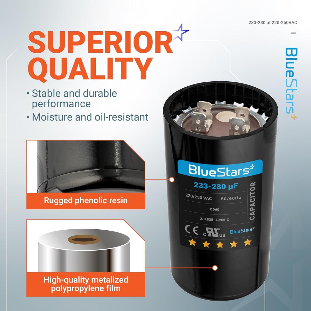 BlueStars 233-280 uF 220-250 VAC round motor start capacitor with phenolic resin casing and metalized film details.