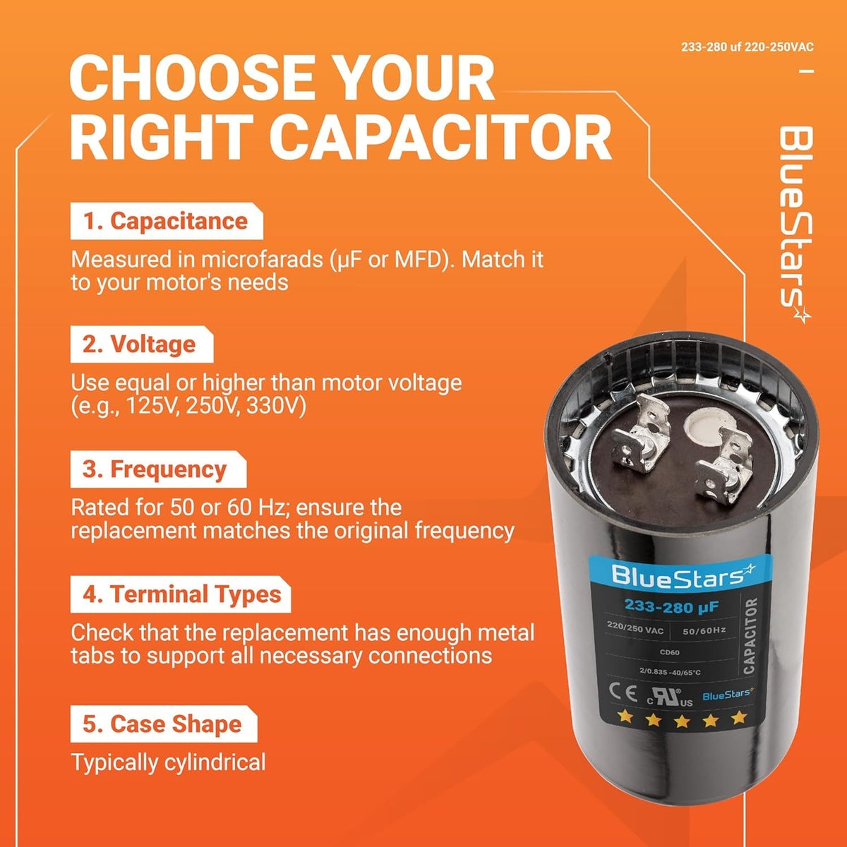 Infographic showing 233-280 uF 220-250 VAC round motor start capacitor selection guide.