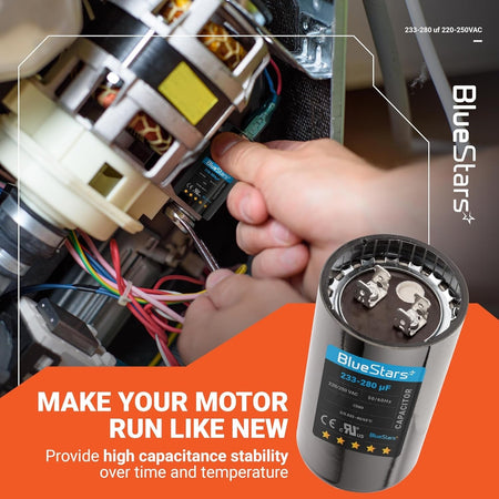 Hand installing a 233-280 uF 220-250 VAC round motor start capacitor into an appliance motor.