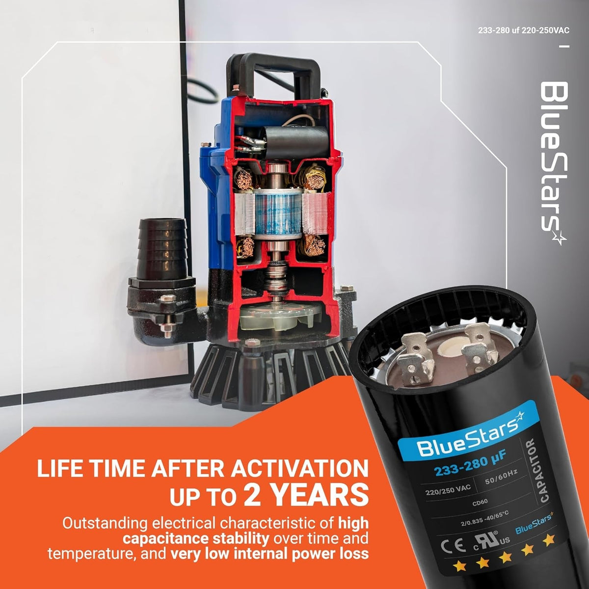 BlueStars 233-280 uF 220-250 VAC round motor start capacitor shown with a cross-section view of a water pump motor.