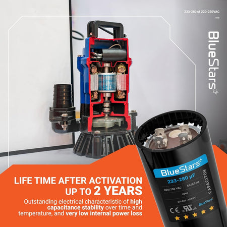 BlueStars 233-280 uF 220-250 VAC round motor start capacitor shown with a cross-section view of a water pump motor.