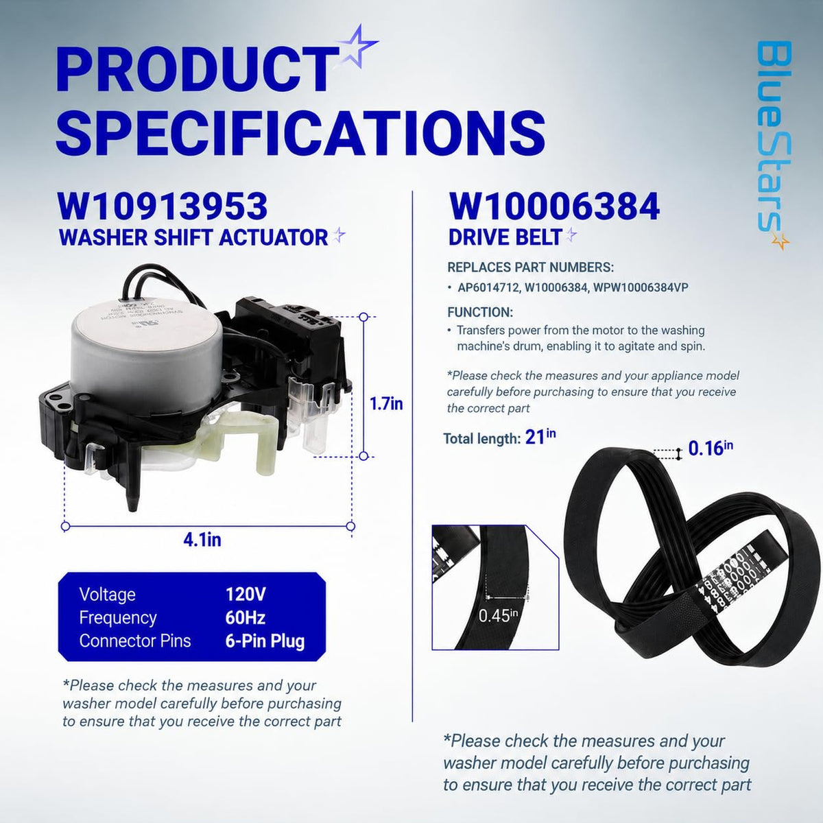 W10913953 Washer Shift Actuator & W10721967 Clutch Kit specs graphic showing actuator and W10006384 drive belt