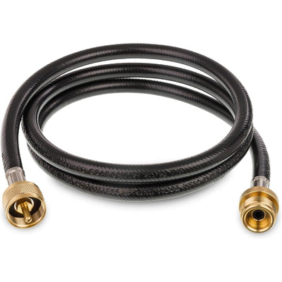 5-foot black propane extension hose with 1x20 male and female brass fittings for propane appliances.