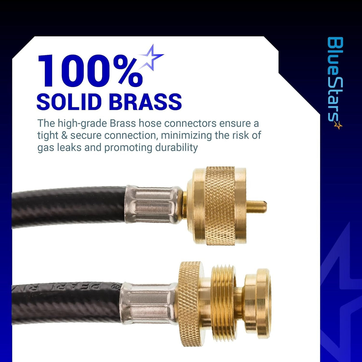 Close-up of solid brass connectors on a 5-foot propane torch extension hose.