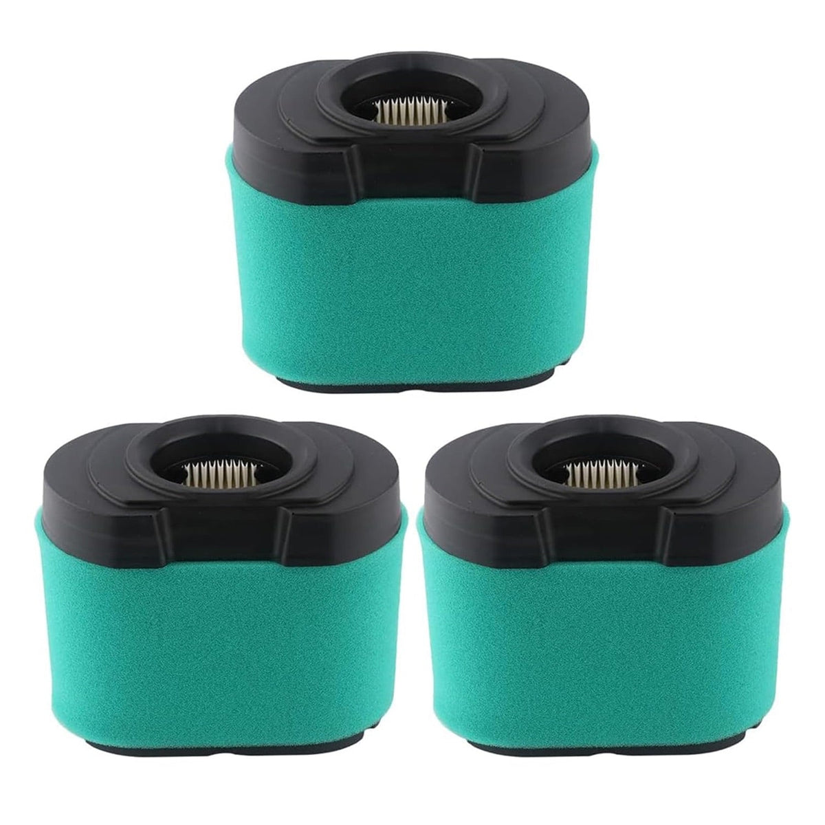 Pack of three 792105 lawn mower air filters with green foam pre-cleaners and black plastic housing.