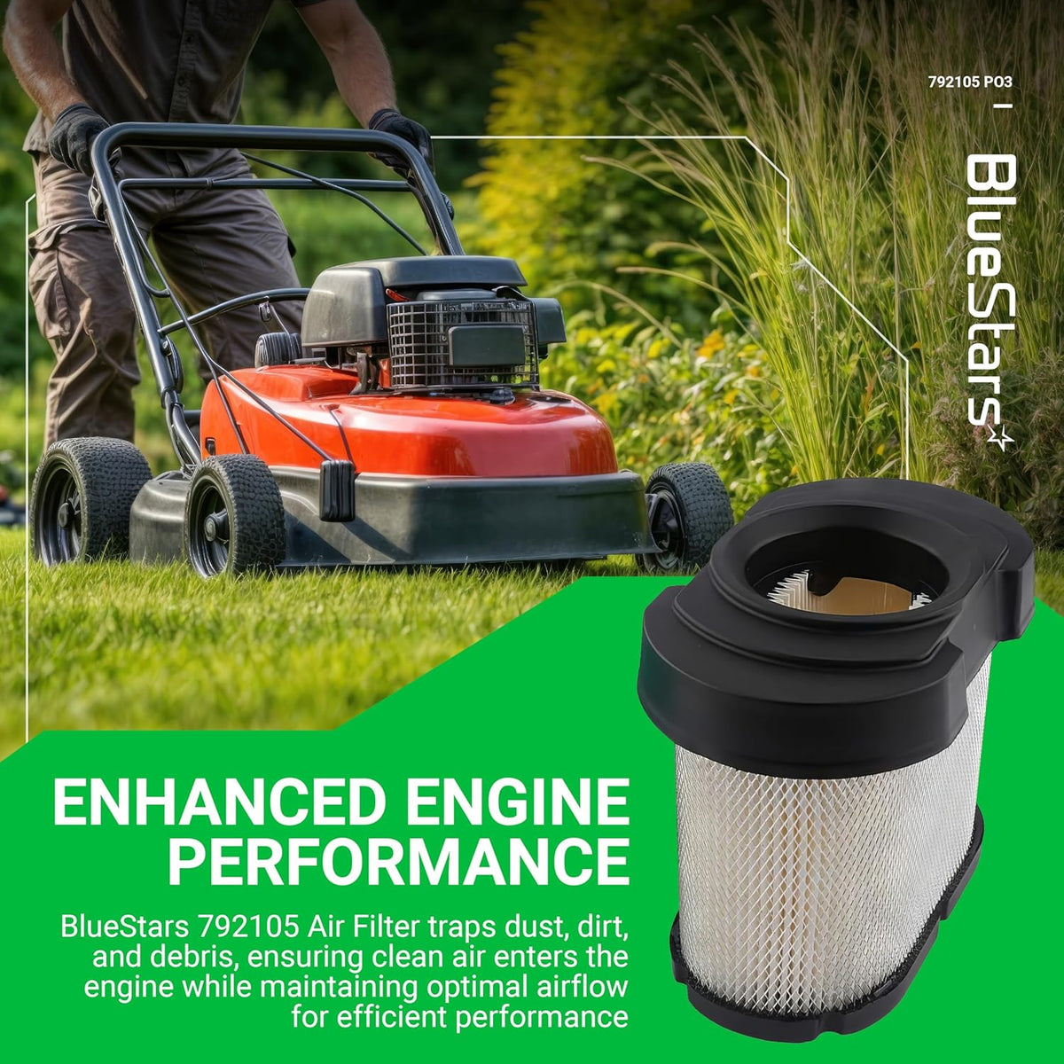 BlueStars 792105 air filter for lawn mowers shown in a promotional graphic with a mower in the background.