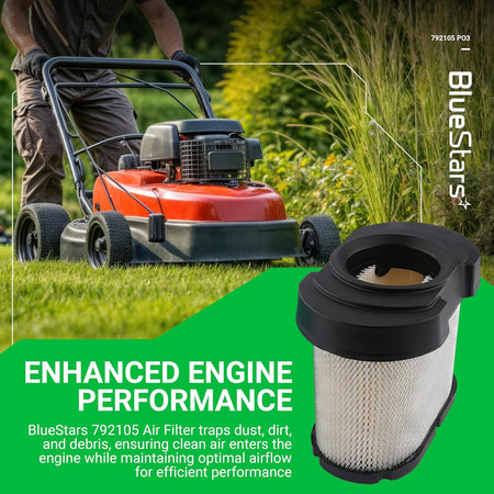 BlueStars 792105 air filter for lawn mowers shown in a promotional graphic with a mower in the background.