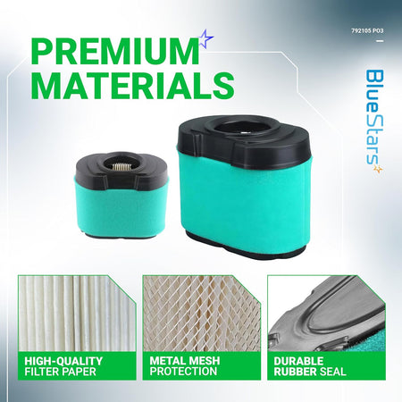 792105 lawn mower air filter set showing filter construction, filter paper, metal mesh, and rubber seal details.