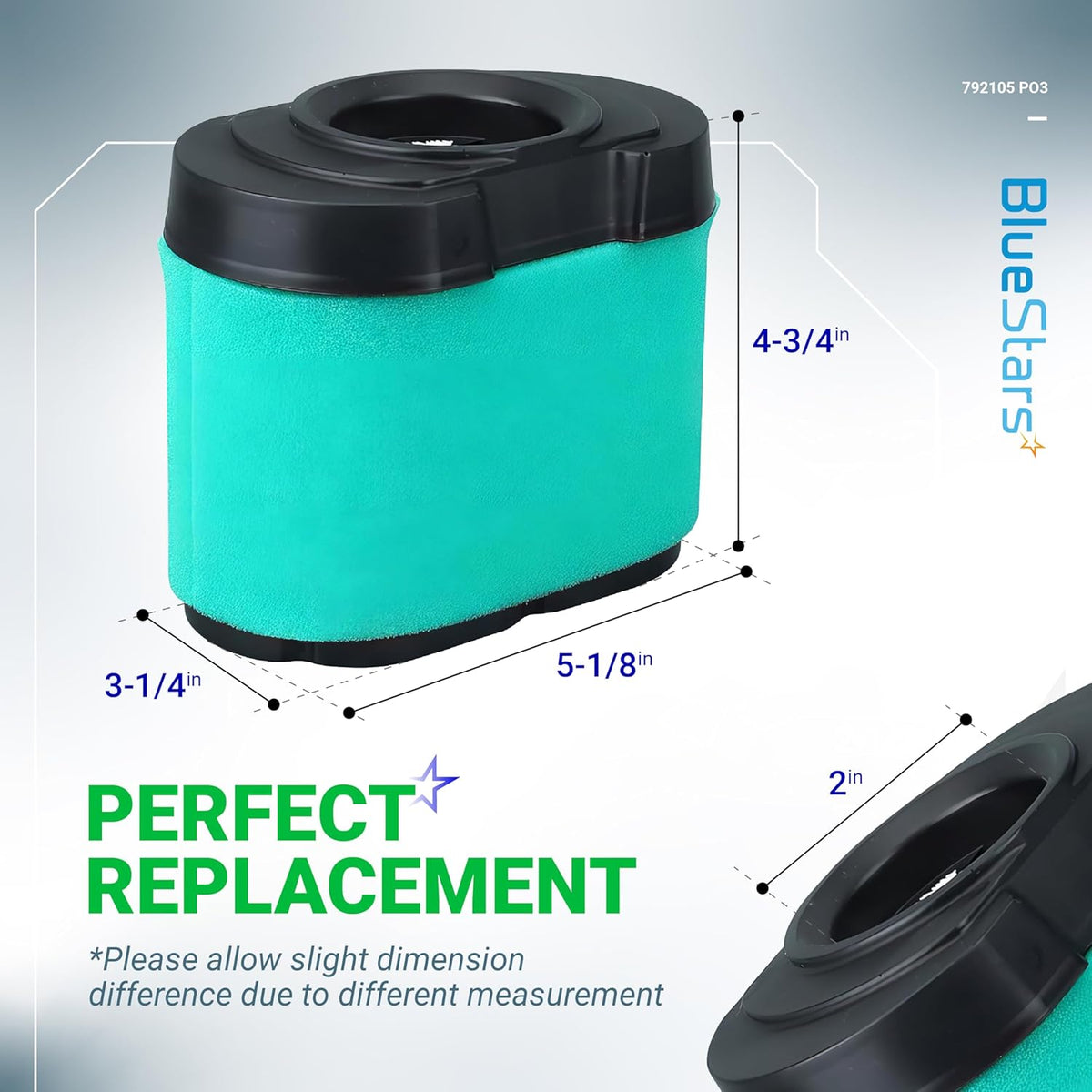 792105 lawn mower air filter replacement with labeled dimensions showing height, width, and depth.