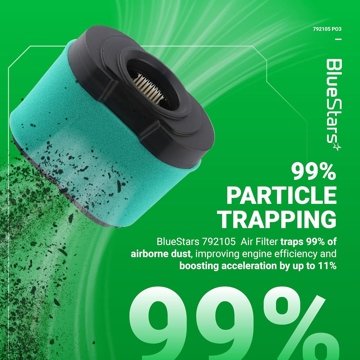 BlueStars 792105 lawn mower air filter showing 99% particle trapping efficiency on a green background.
