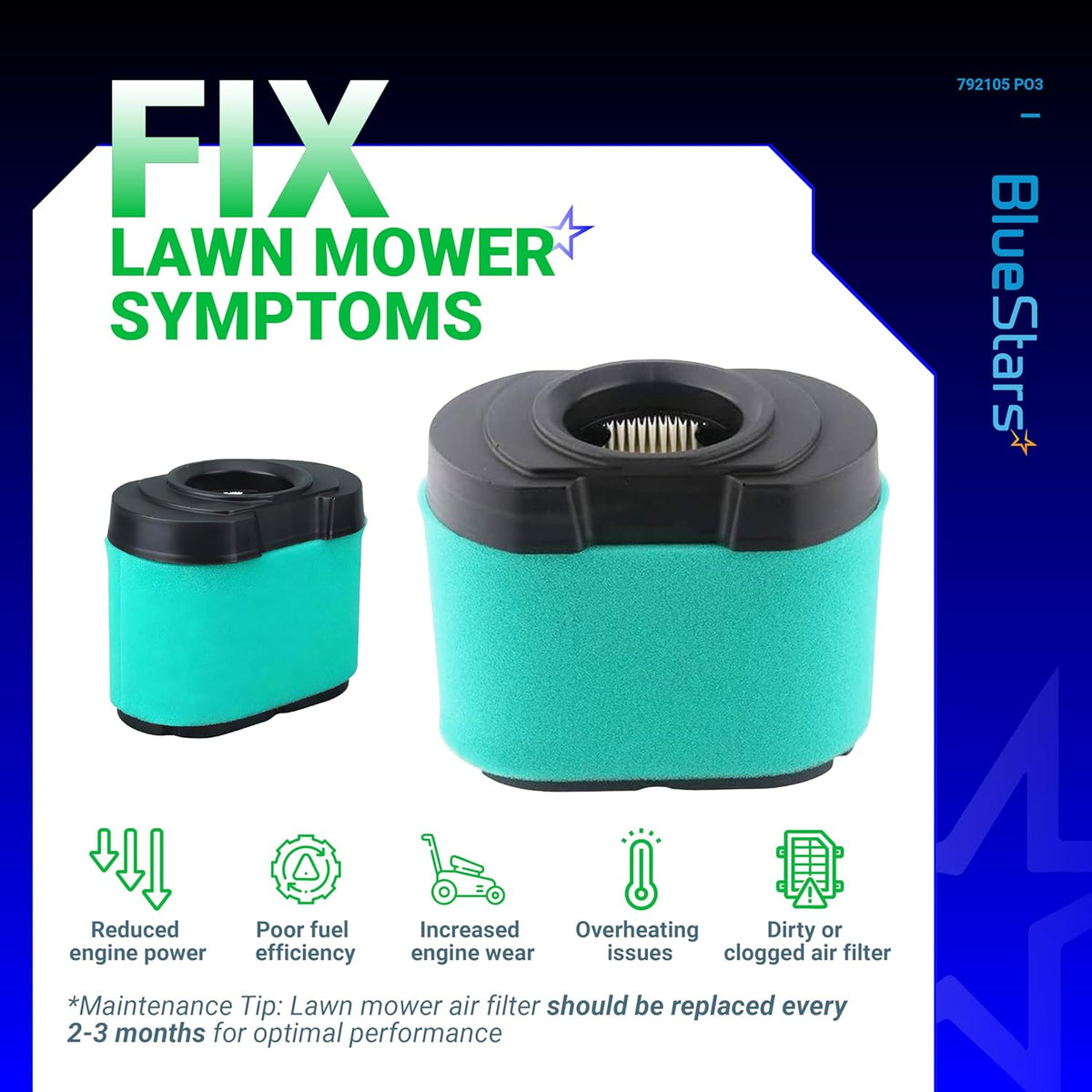 Two 792105 lawn mower air filters with maintenance infographic showing symptoms of a clogged filter.