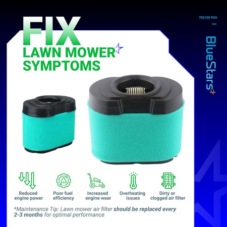 Two 792105 lawn mower air filters with maintenance infographic showing symptoms of a clogged filter.