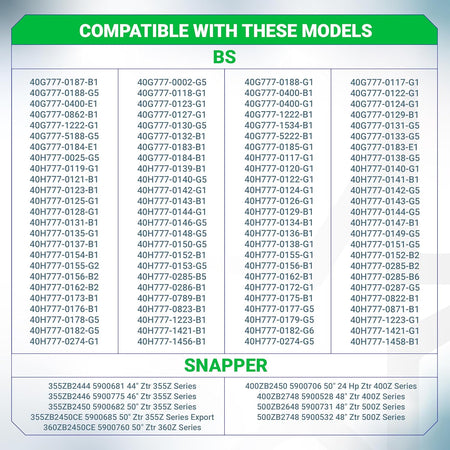 Compatibility chart for 792105 air filter listing compatible BS and Snapper lawn mower engine models.