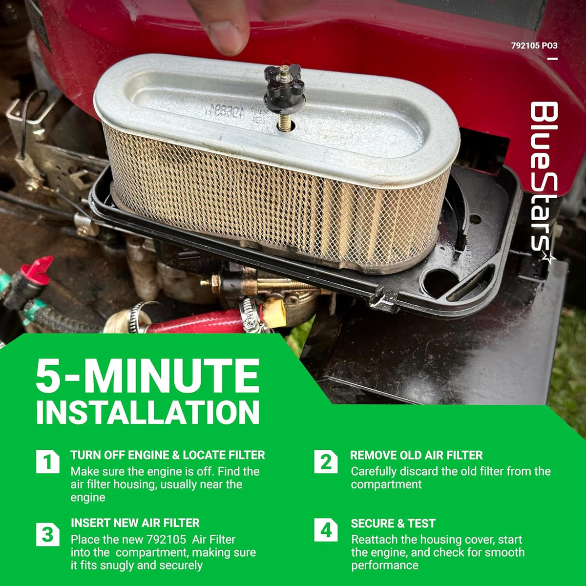 792105 air filter installation guide showing the filter being placed into a lawn mower engine housing.