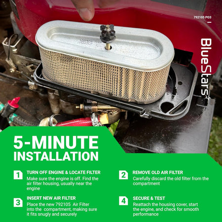 792105 air filter installation guide showing the filter being placed into a lawn mower engine housing.