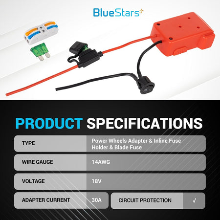 Red Power Wheels battery adapter for Milwaukee M18 with inline fuse holder, 30A blade fuse, and power switch.