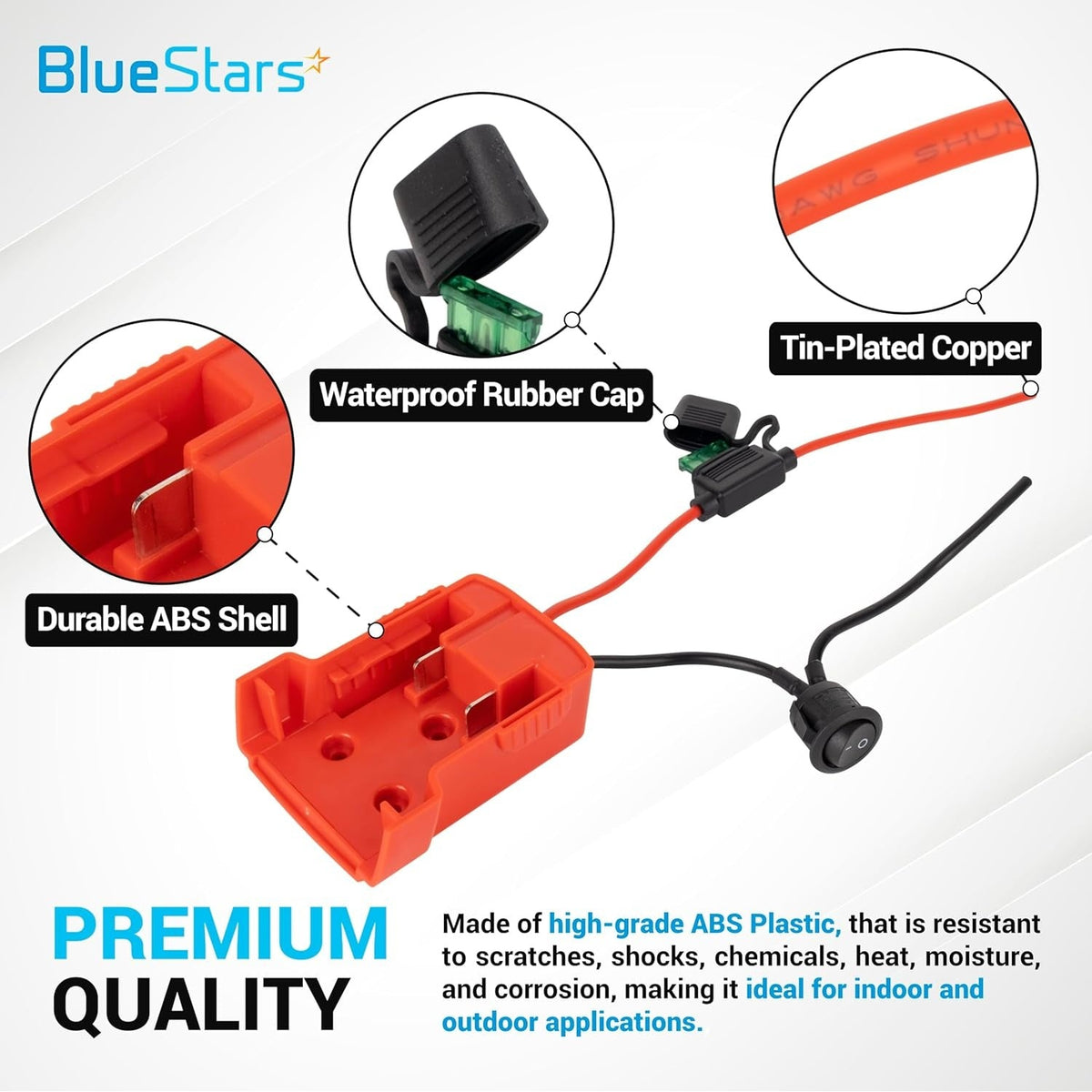 Red Power Wheels adapter for Milwaukee M18 battery with fuse holder, switch, and ABS shell construction details.