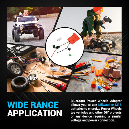 Red Milwaukee M18 battery adapter with fuse holder and 30A blade fuse for Power Wheels DIY conversion projects.