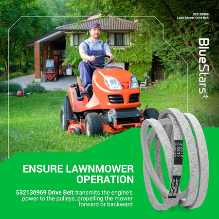 532130969 deck drive belt for lawn mowers shown with a riding mower in a residential yard.
