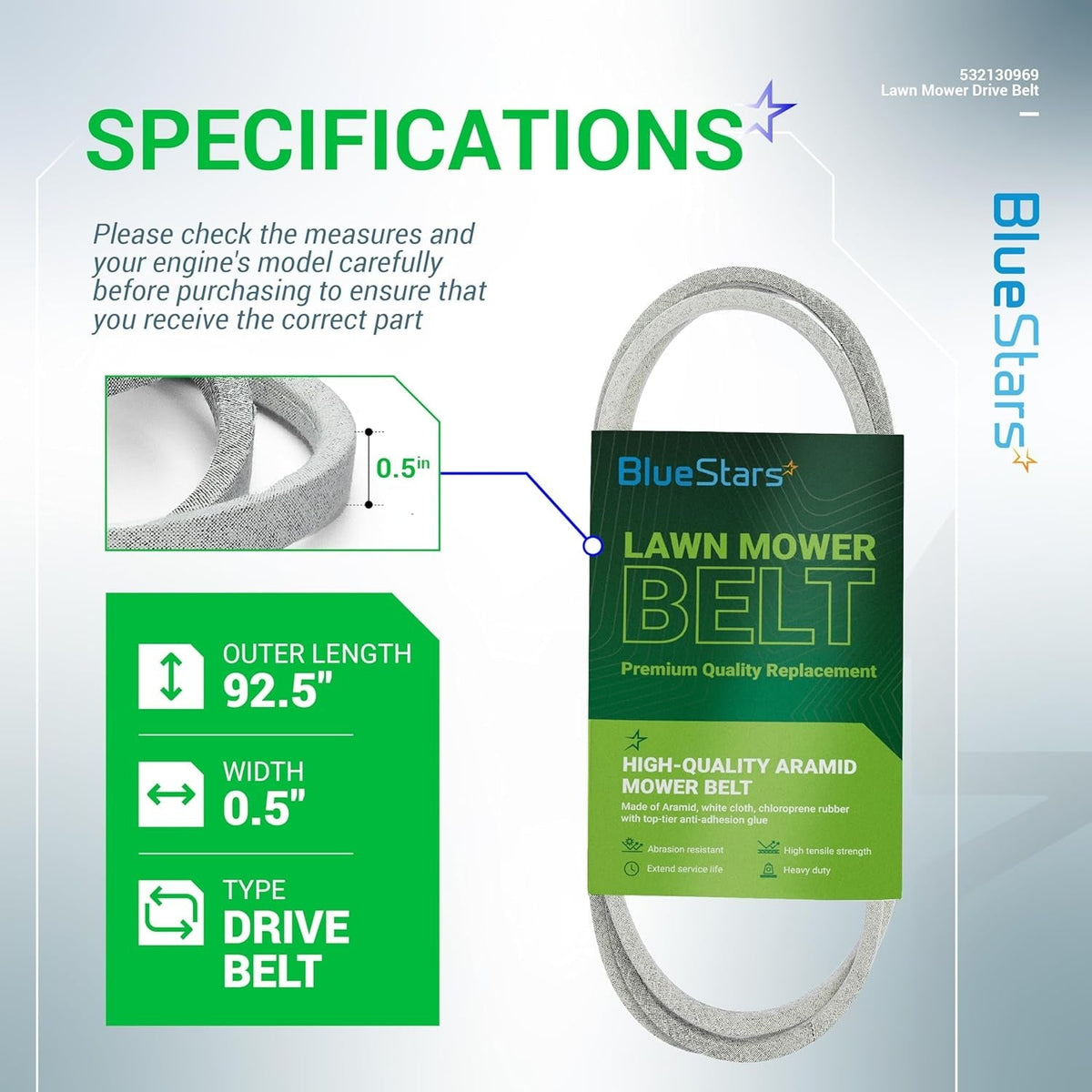 Specification chart for 532130969 lawn mower deck drive belt showing 92.5-inch length and 0.5-inch width dimensions.