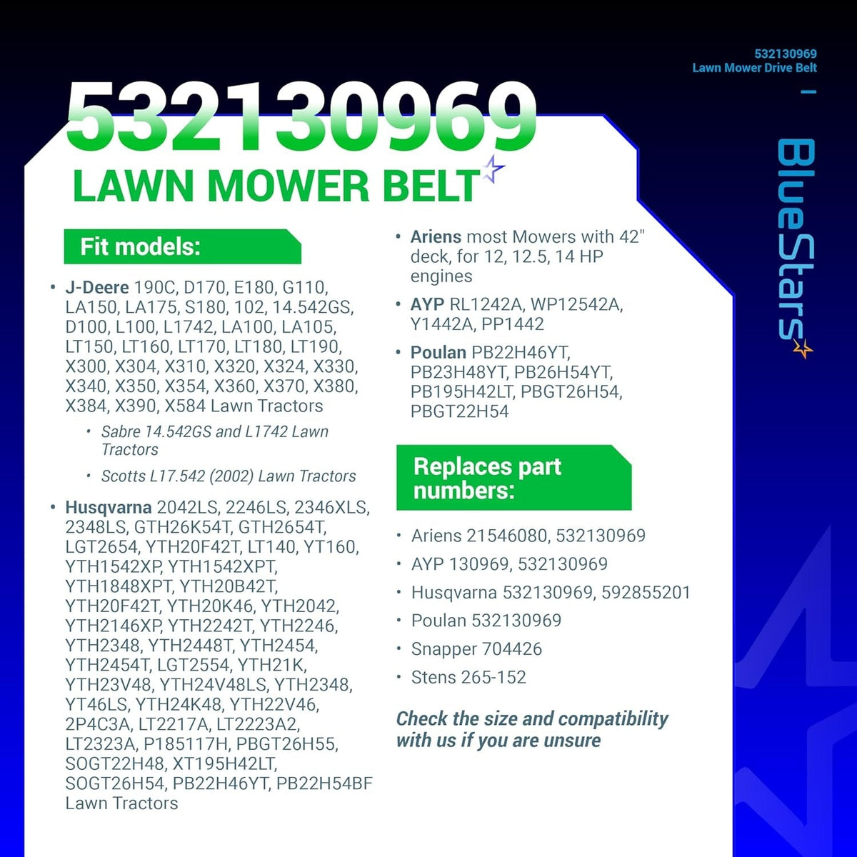 Informational graphic showing compatibility and fitment list for 532130969 lawn mower deck drive belt.