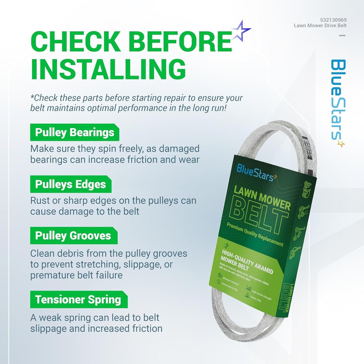 Informational graphic showing installation tips for 532130969 deck drive belt and its packaging.