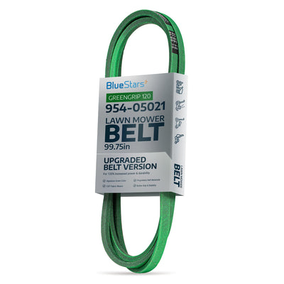 954-05021 green mower deck belt in BlueStars packaging for Cub Cadet, Troy Bilt, and MTD lawn tractors.